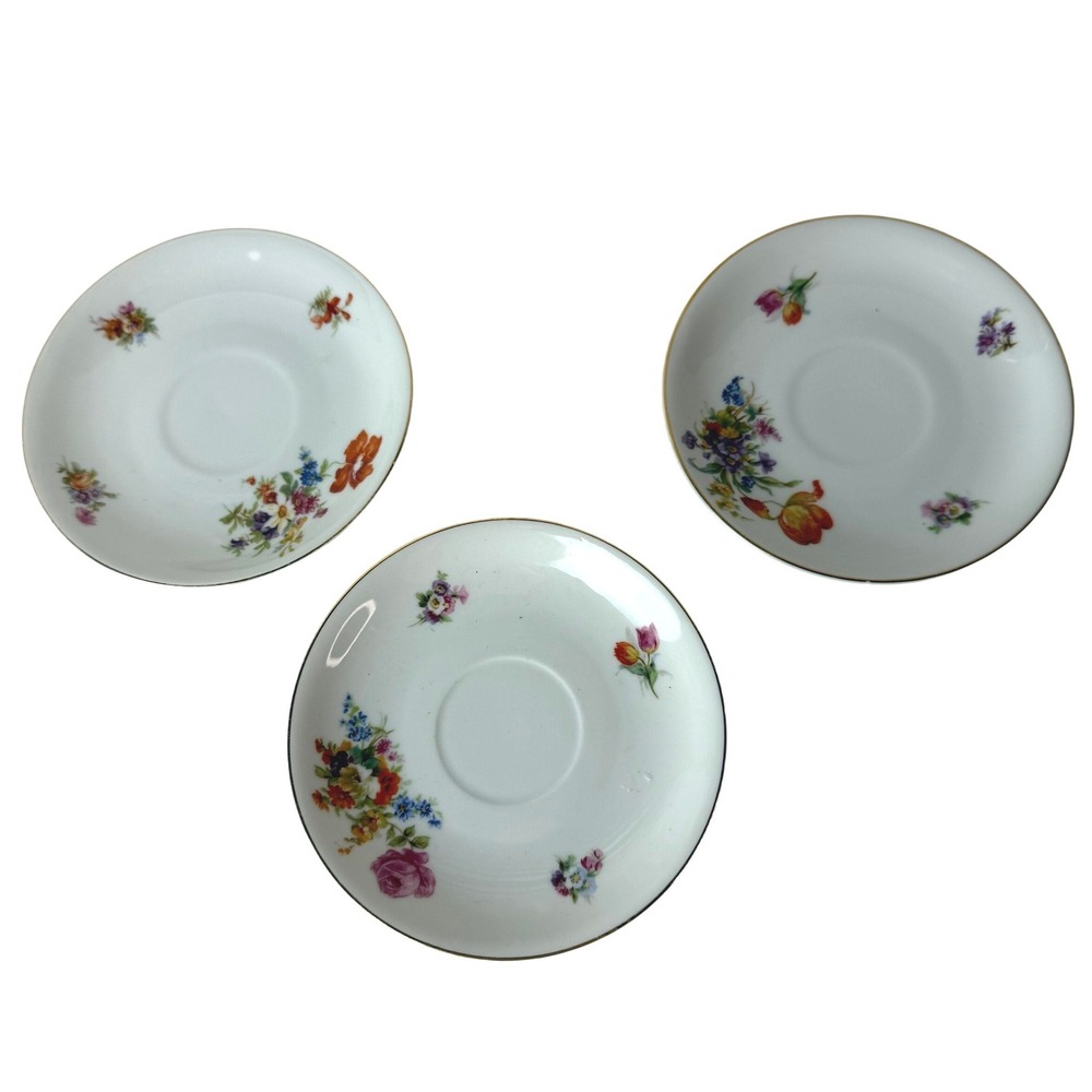 Vintage Dresden Pirken Hammer Demitasse Saucer Set of 3 Floral White Gold rim